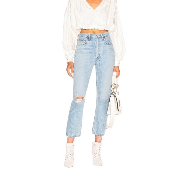 New Agolde Riley High Rise Straight Leg Crop Jeans Size 27 In Shatter Wash Blue - Picture 5 of 16